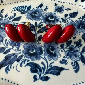 Vintage Enamel Coral Red Clip On Earrings